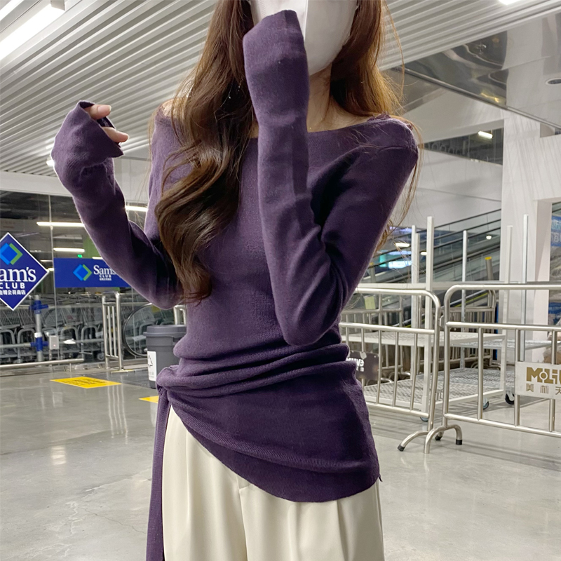 紫色收腰不规则长袖拼接蕾丝边针织衫女2025秋冬季爆款修身上衣