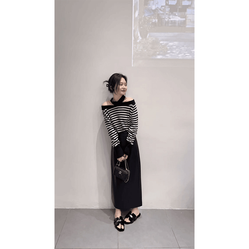 老钱风女式衣服条纹针织衫一字肩挂脖露肩上衣宽松高腰休闲半身裙