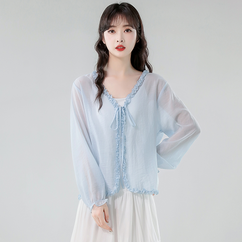 通勤白色蓝色女装高端木耳边开衫防晒衣夏季长袖轻薄披肩短外套