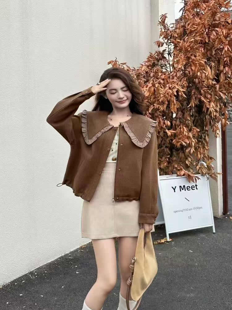 9203#衣长52娃娃领女双面短外套长袖时尚纯色外套加厚短款不褪色