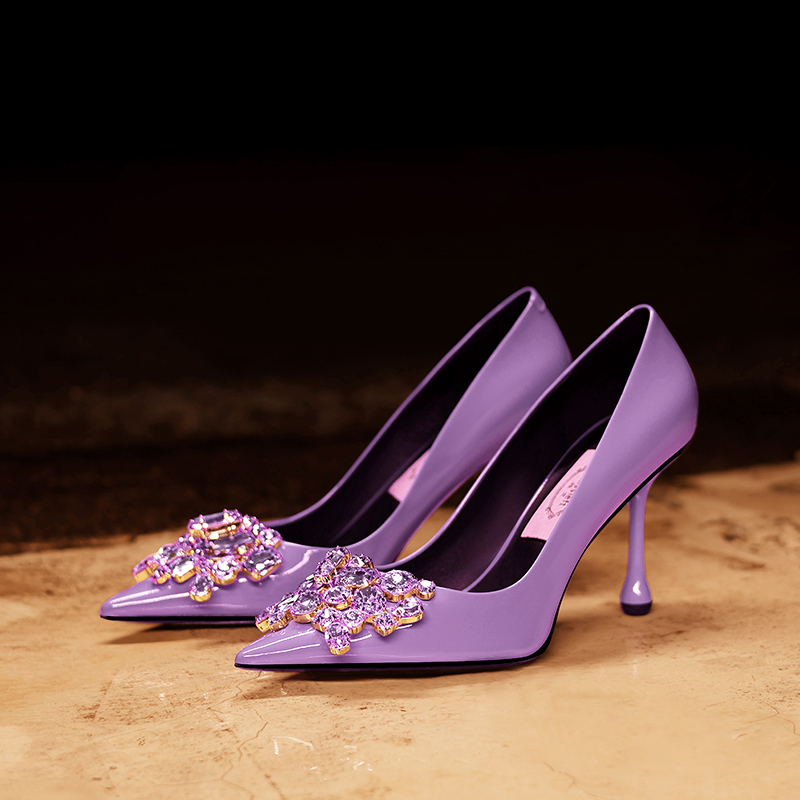 【繁星华影】独女2025新款紫色牛漆皮高跟鞋女细跟浅口气质尖头单鞋