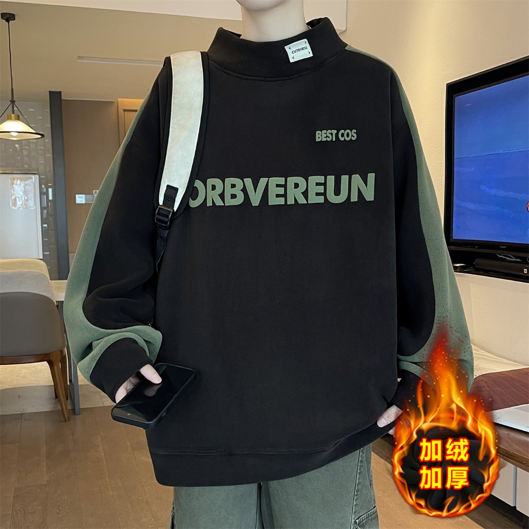 加绒加厚保暖青少年奥粒绒卫衣学生打底衫大童初高中宽松男孩长袖