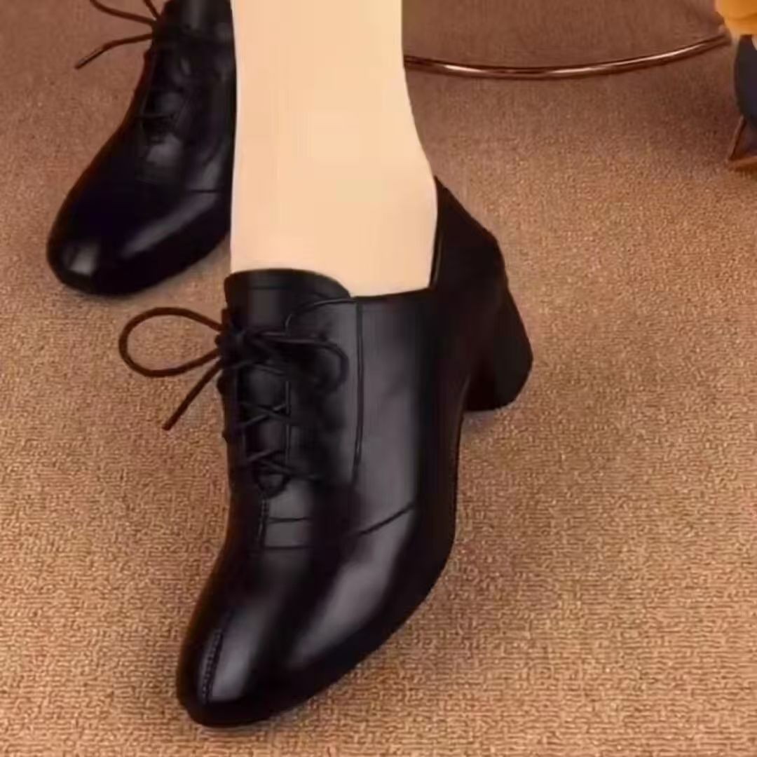 真软皮单鞋女2025年春秋新款粗跟中低跟女鞋方头系带黑色皮鞋子女