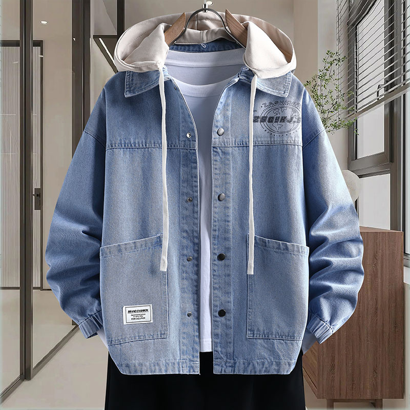 青少年牛仔外套春秋季新款男生初高中学生夹克男装潮男士连帽上衣