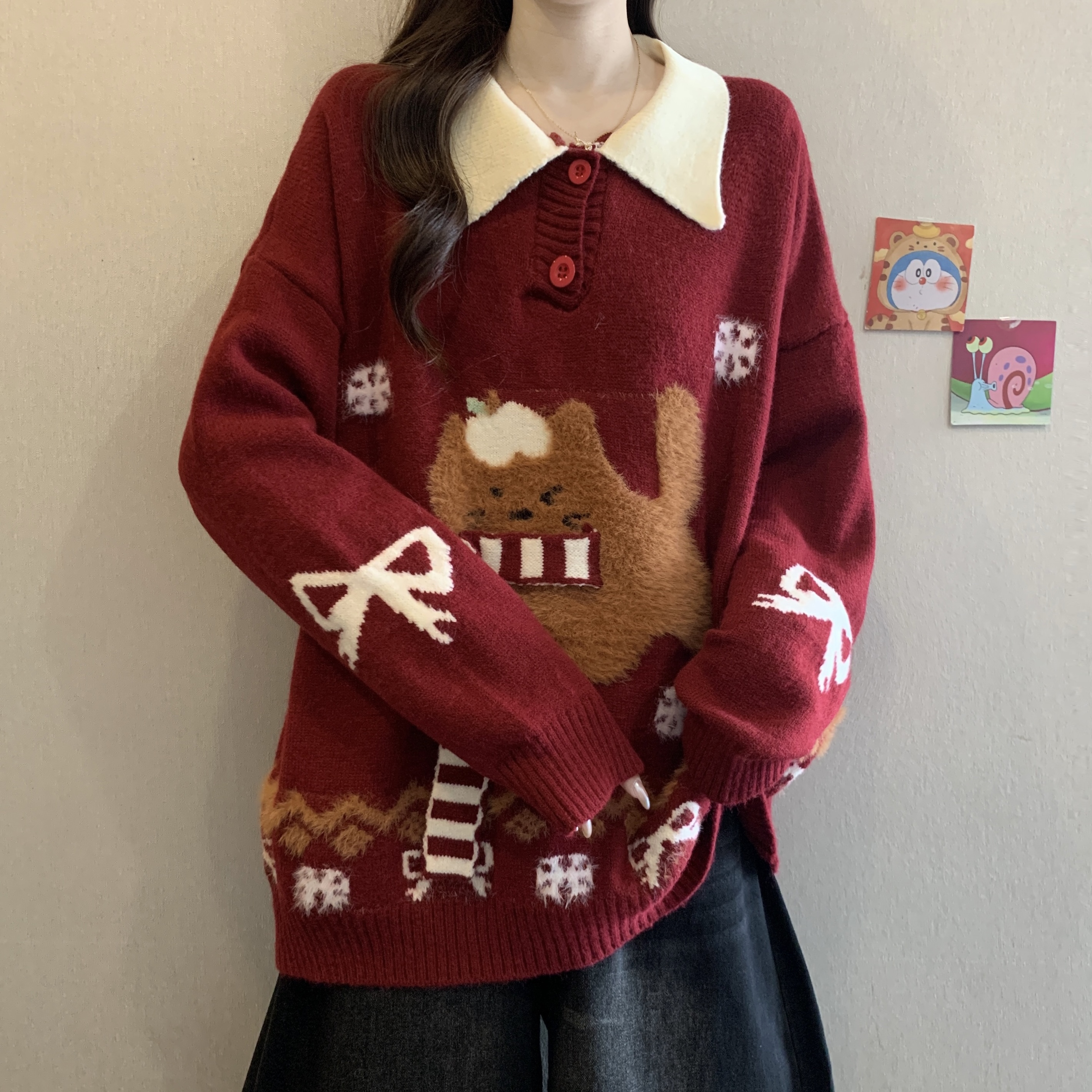 学院风围巾小狗polo领红色毛衣女秋冬大码胖MM复古减龄显瘦针织衫