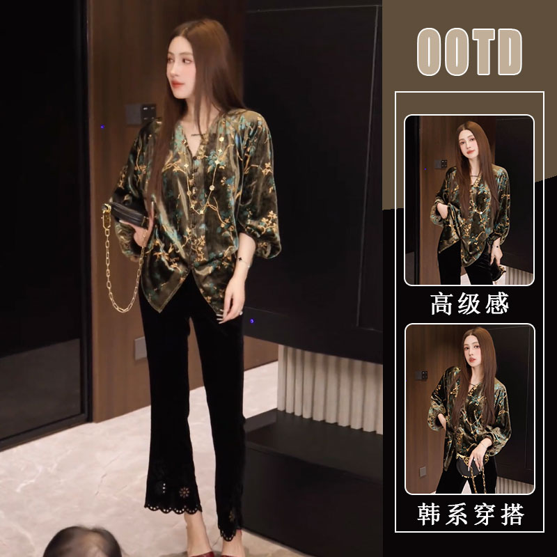 气质女神范高端套装2025早秋新款高级感小众上衣休闲微喇裤两件套