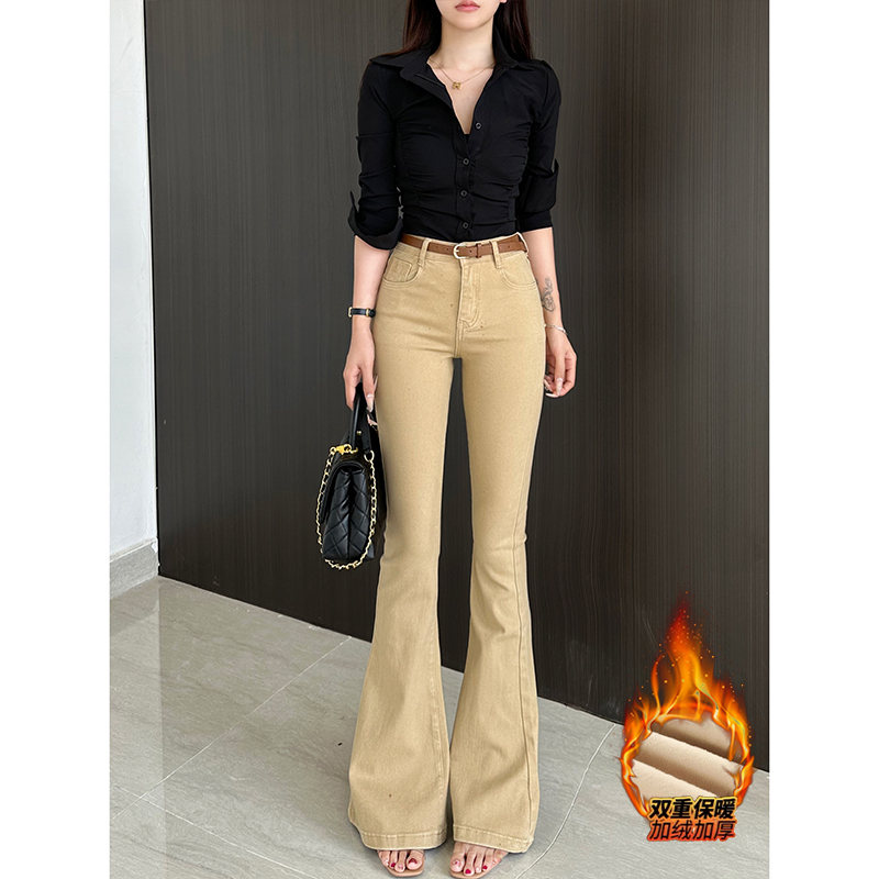 加绒经典高腰老钱风微喇牛仔裤女2025冬季新款净版显瘦喇叭长裤