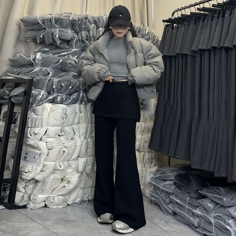 大码胖mm假两件拼接屁帘微喇裤女秋冬加绒加厚遮跨高腰显瘦休闲裤