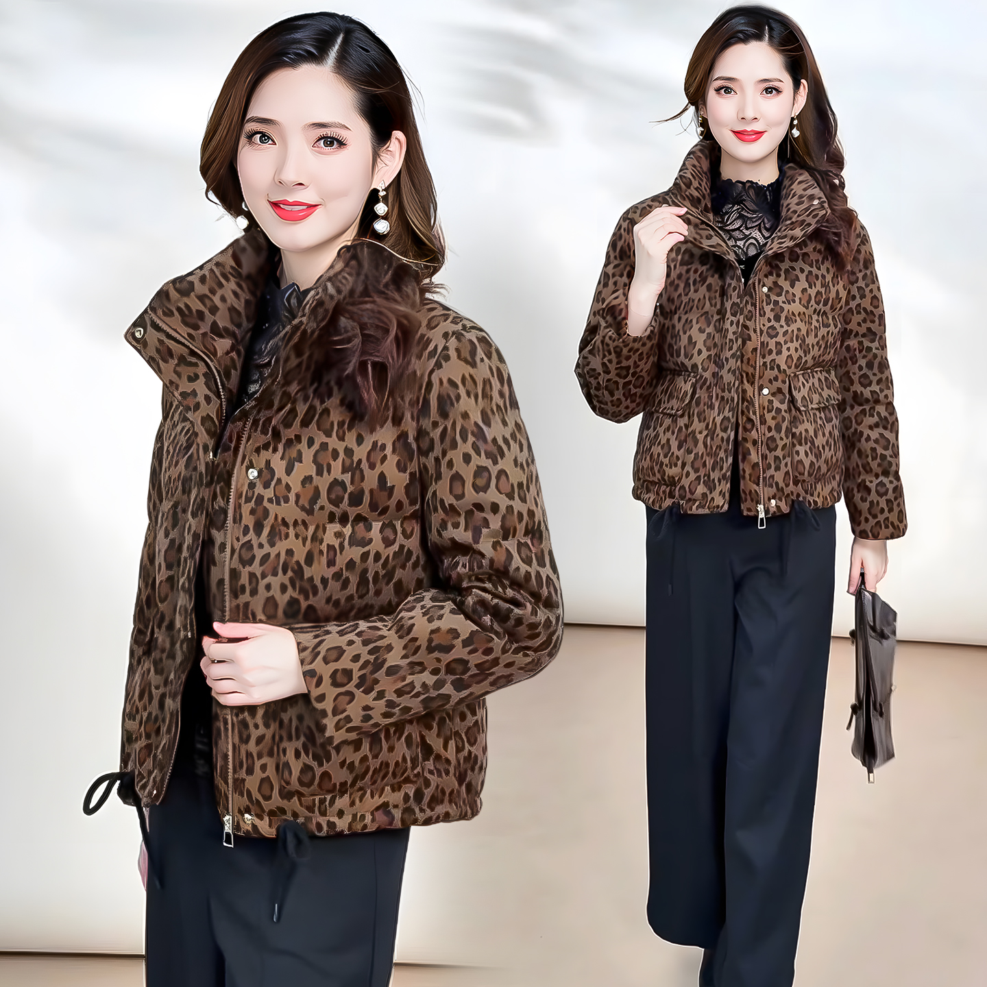 时尚豹纹短款羽绒服女2025冬季新款气质百搭显瘦白鸭绒保暖厚外套