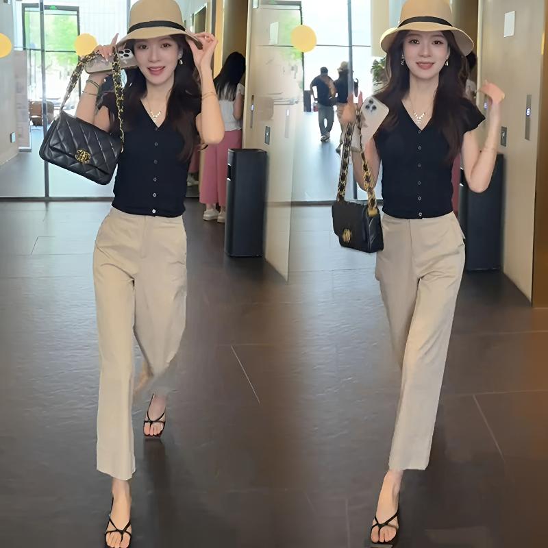 时尚套装女夏新款高级感名媛小香风黑色显瘦上衣休闲九分裤两件套