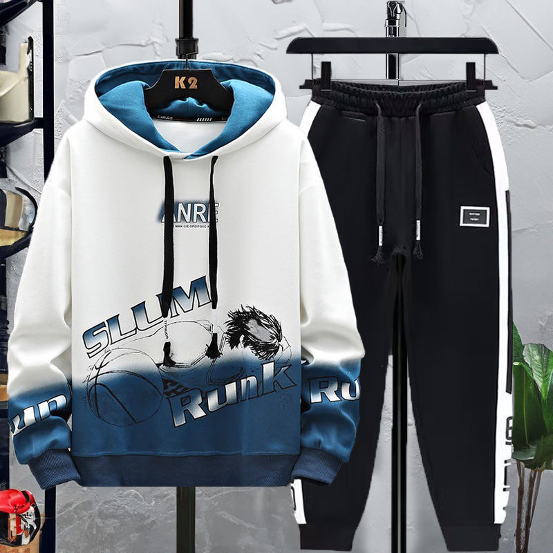 春秋季潮流连帽卫衣套装休闲百搭加肥加大码男装宽松帅气一套搭配