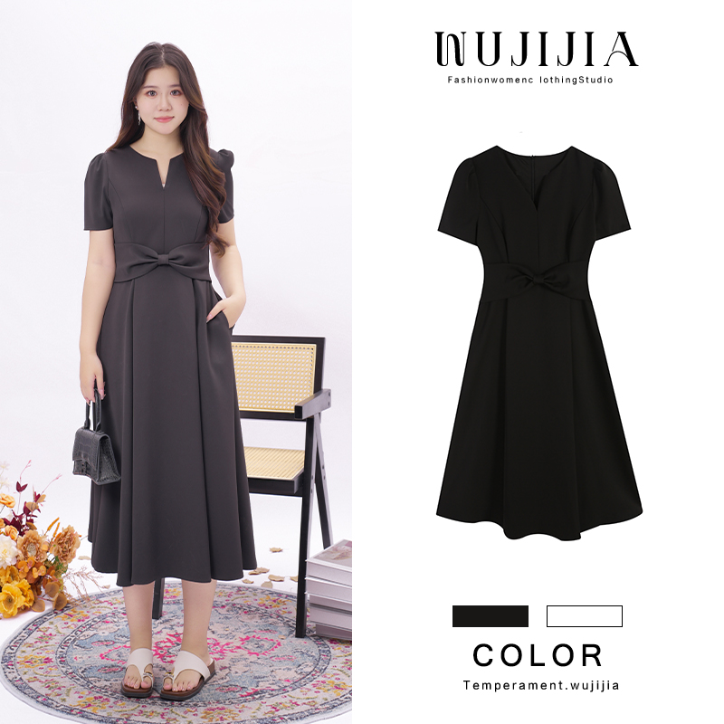 五季家气质重工设计师款显瘦大码黑色连衣裙ZL109819