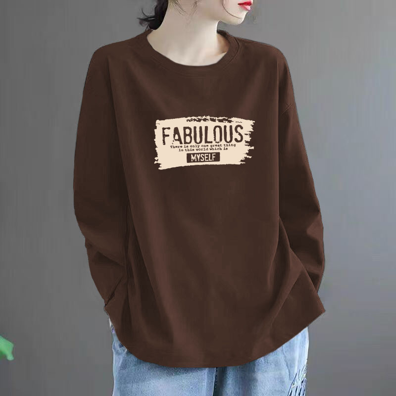 100%纯棉圆领女士薄款打底衫2025春秋新款长袖t恤衫印花韩版上衣
