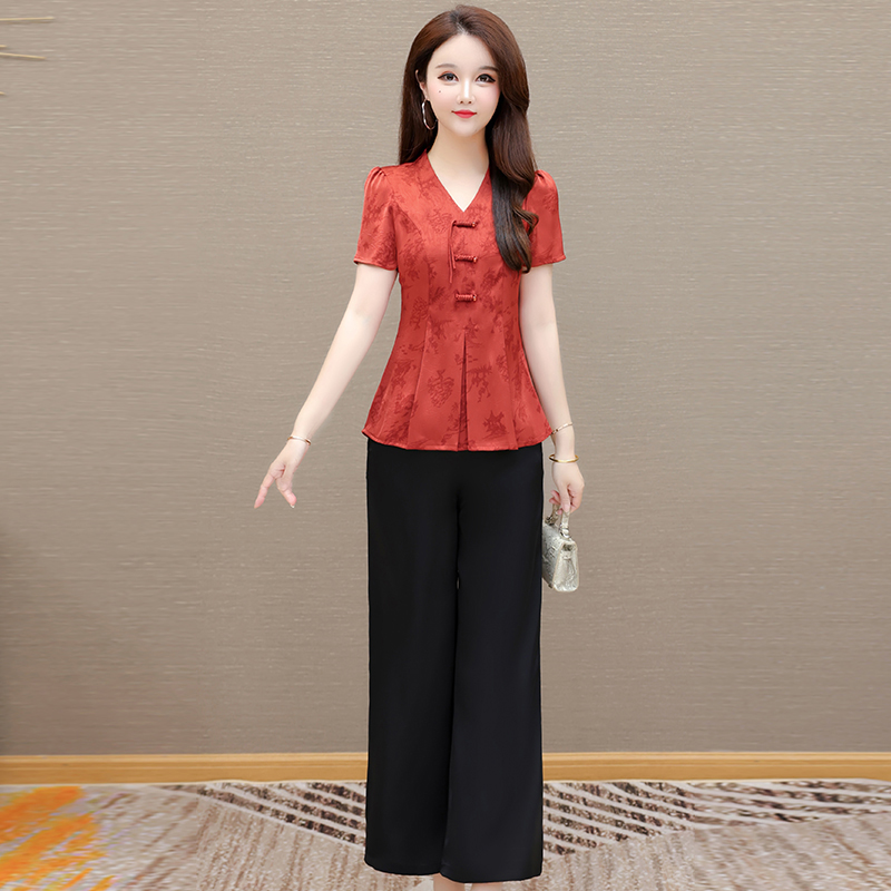 气质显瘦上衣阔腿裤套装女洋气时尚夏季减龄夏装休闲复古中年收腰