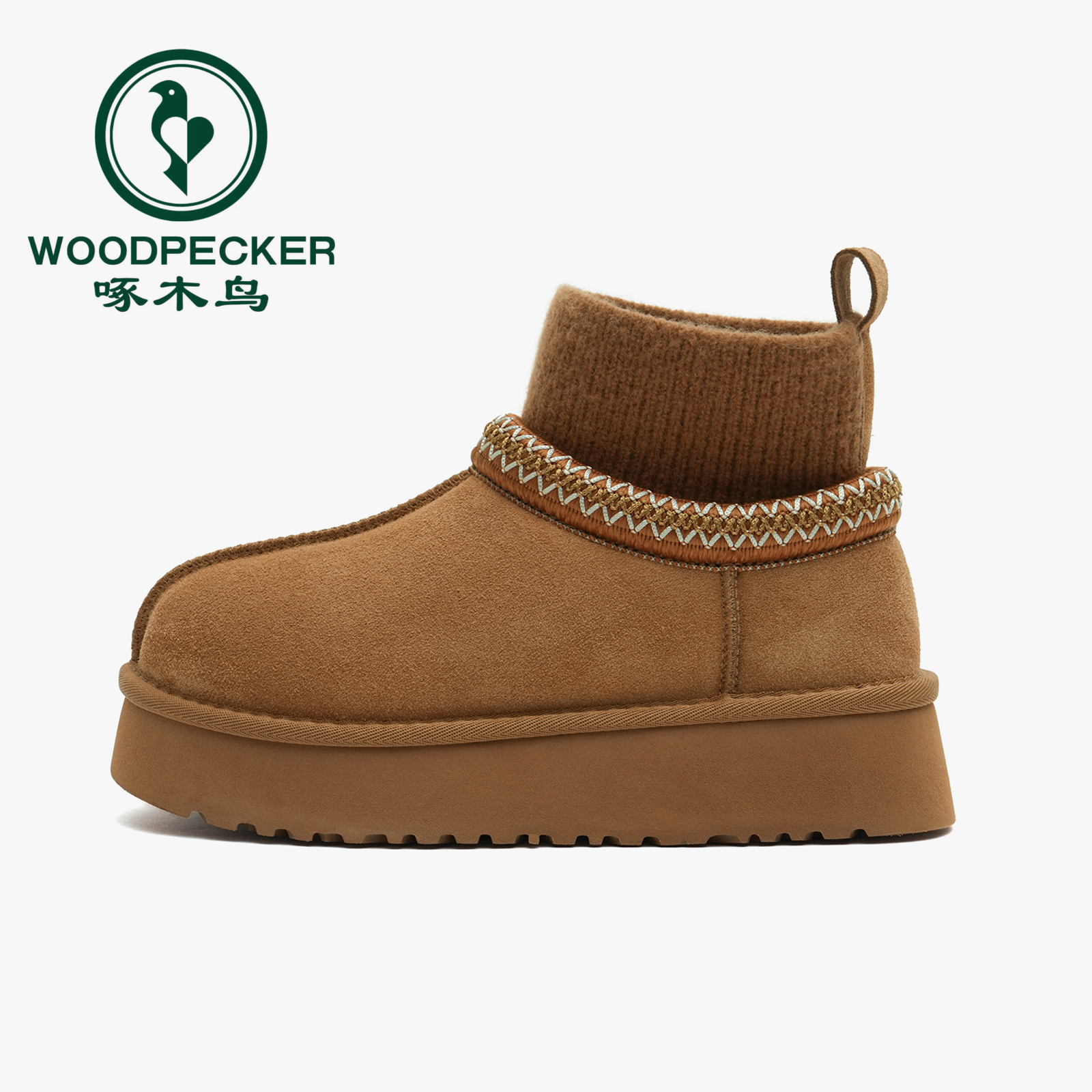 啄木鸟民族风加绒雪地靴女2025新款冬季厚底增高袜靴保暖短靴棉鞋