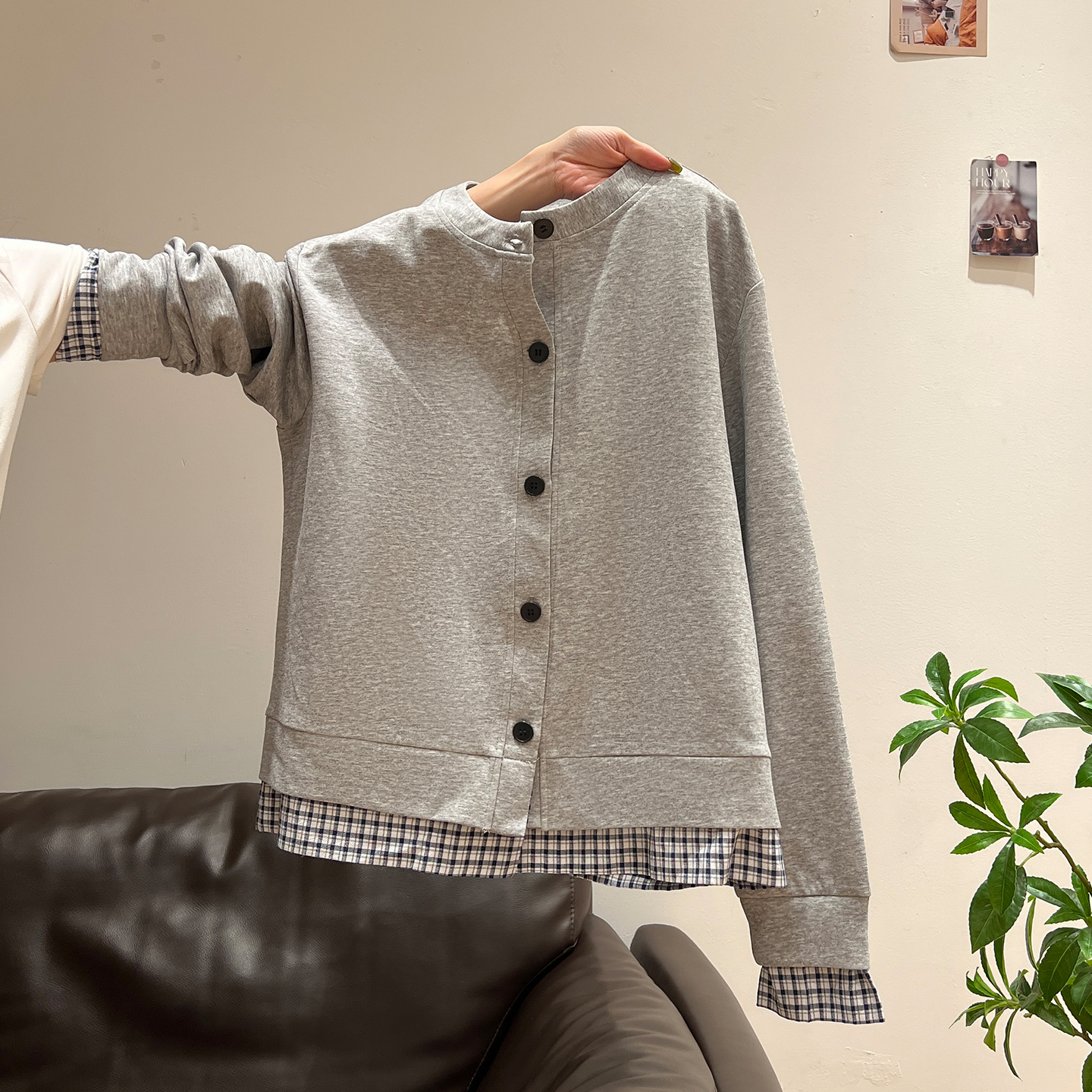 夏珍 撞色格纹假两件长袖卫衣女秋季新款韩系宽松慵懒感外套上衣