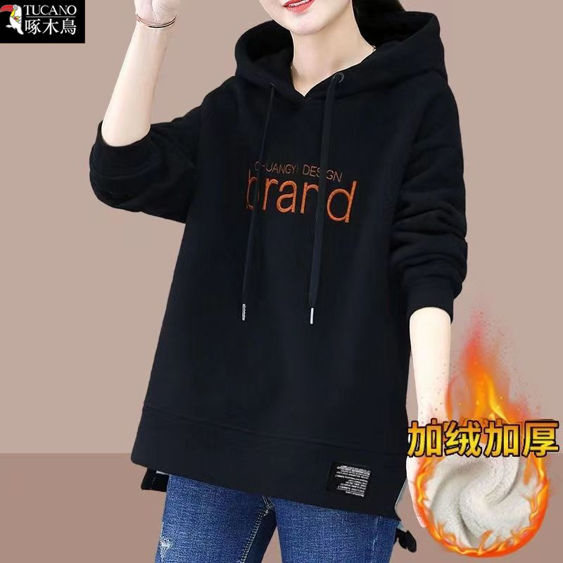 啄木鸟冬季长袖加绒女连帽卫衣2025年新款刺绣中长款宽松显瘦上衣