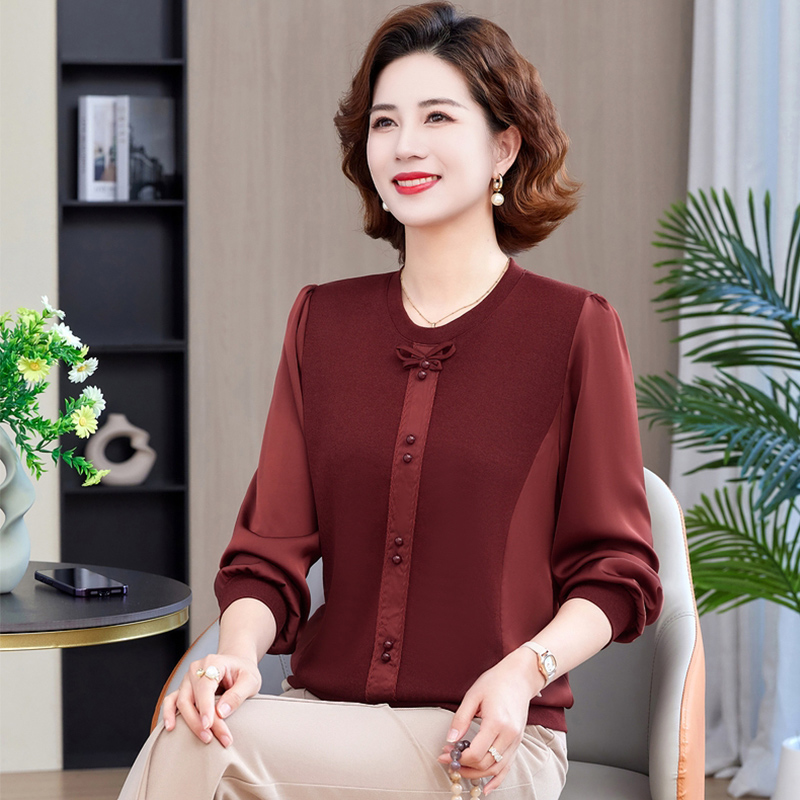 妈妈春装长袖打底衫洋气2025新款中老年女装时尚宽松纱袖大码上衣