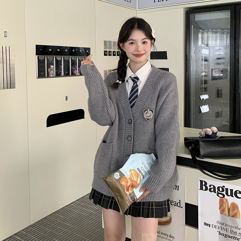 栗冬学院灰色jk毛衣针织开衫外套女装春秋学院慵懒风东京岁时记JK