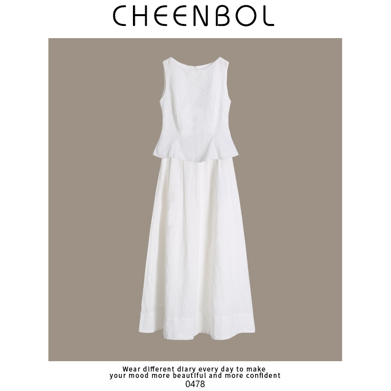 0478清纯亚麻小白裙套装夏季设计感收腰无袖上衣套装毕业季
