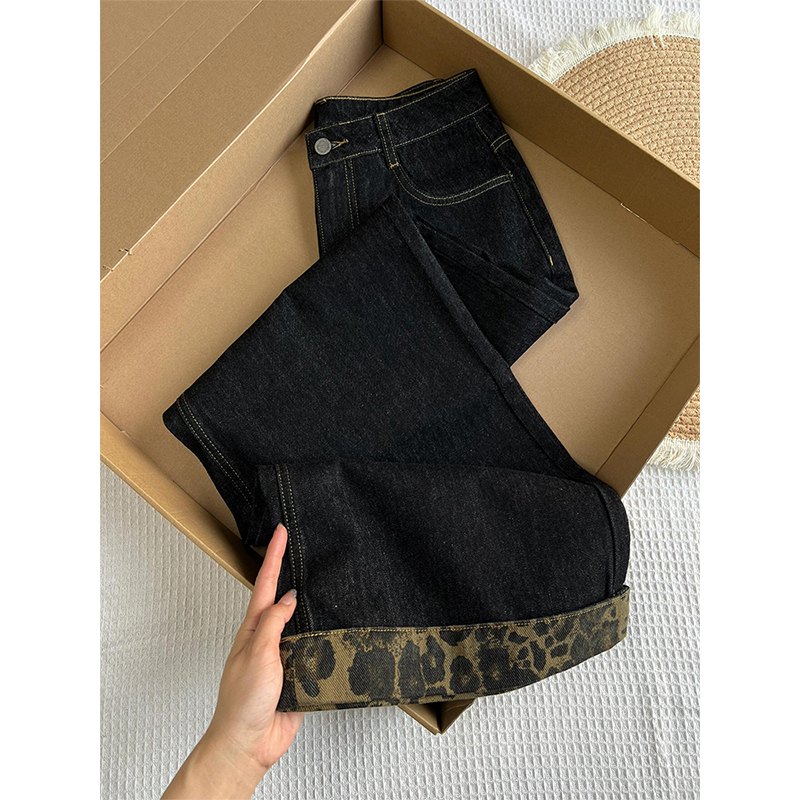美式高街水洗黑色阔腿牛仔裤女春季2025新款高腰显瘦直筒拖地裤子