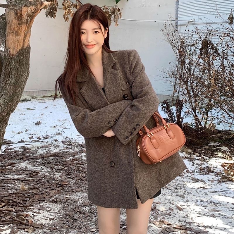 冬季小个子复古西服外套时尚休闲宽松韩版毛呢中长款加厚呢子大衣