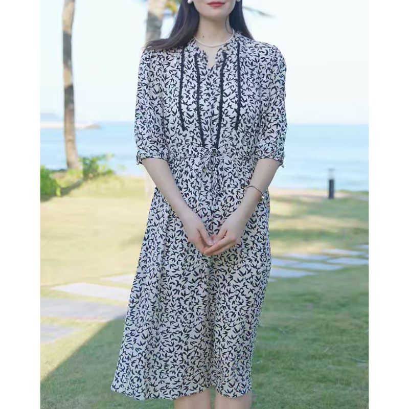 【堇兰桑蚕丝】春夏气质真丝裙印花收腰桑蚕丝连衣裙女YYQ22-850