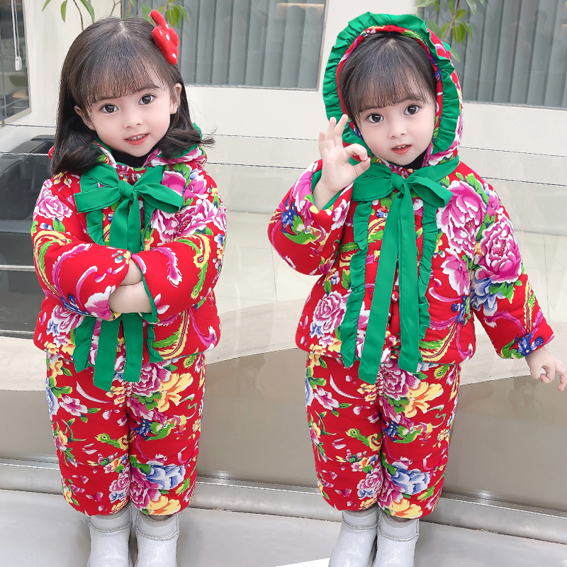 儿童东北大花袄女童加棉加厚拜年服棉袄棉裤套装宝宝中国风新年服