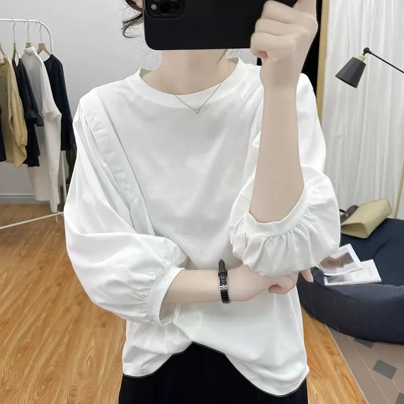 纯棉灯笼袖七分袖T恤女春秋款韩版宽松减龄上衣复古打底体恤衫