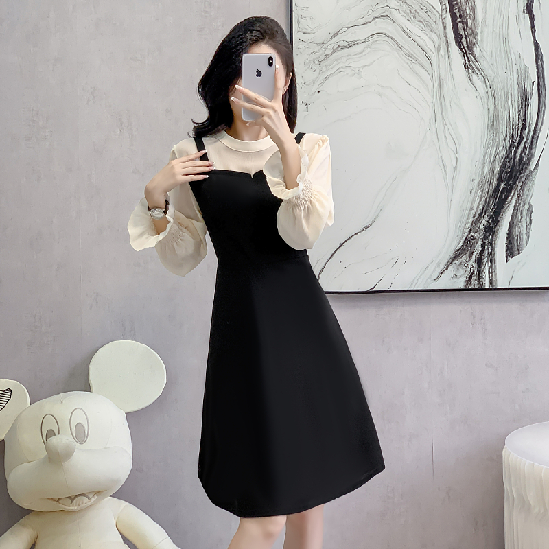 黑色收腰显瘦气质拼接假两件长袖轻熟风连衣裙女装女春秋新款女