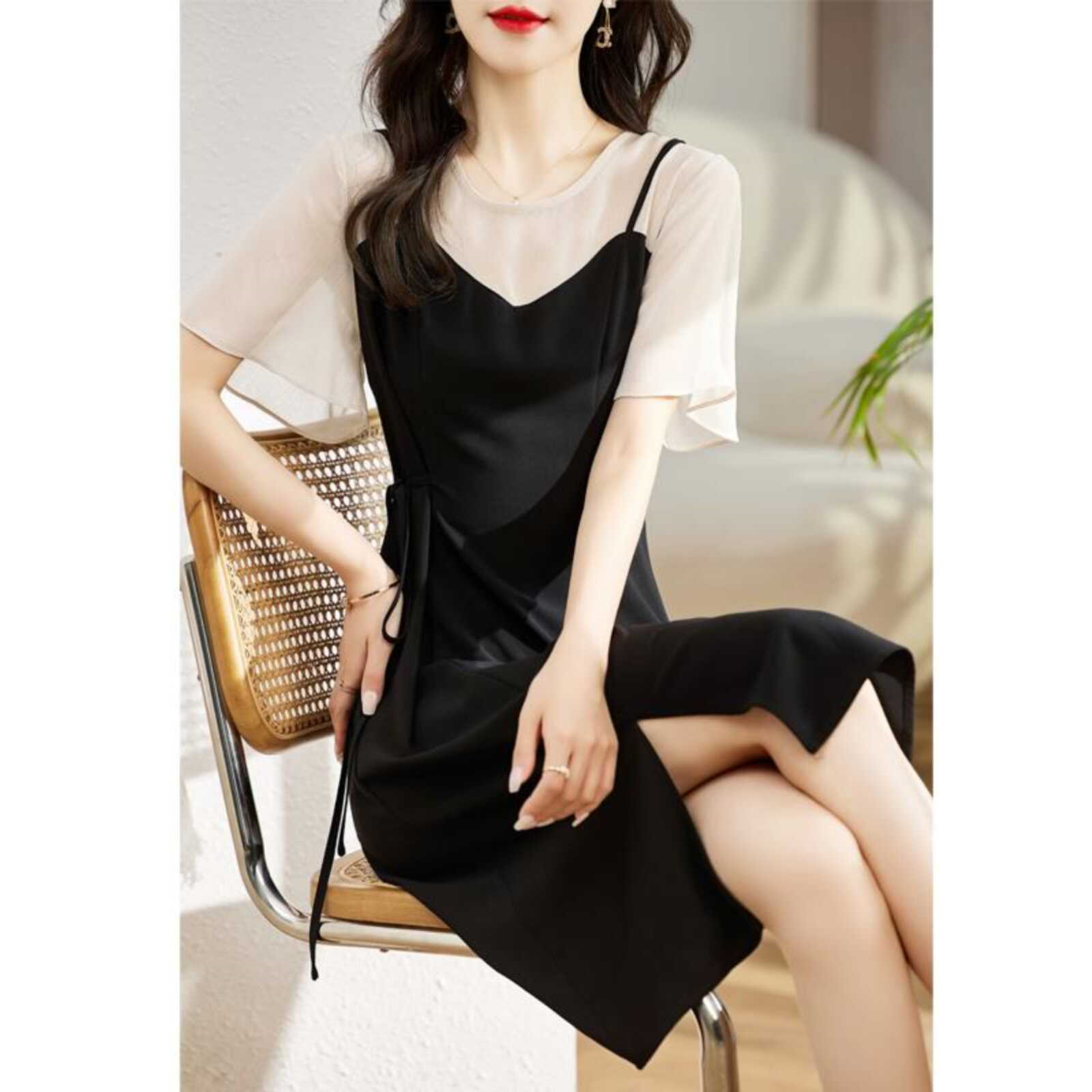 连衣裙女2025夏新款时尚高级感小个子法式收腰显瘦假两件短袖裙子