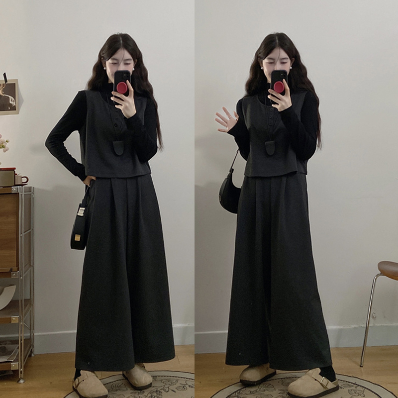 大码女装胖mm秋冬新款时尚简约毛呢马甲九分阔腿裤打底衫洋气穿搭