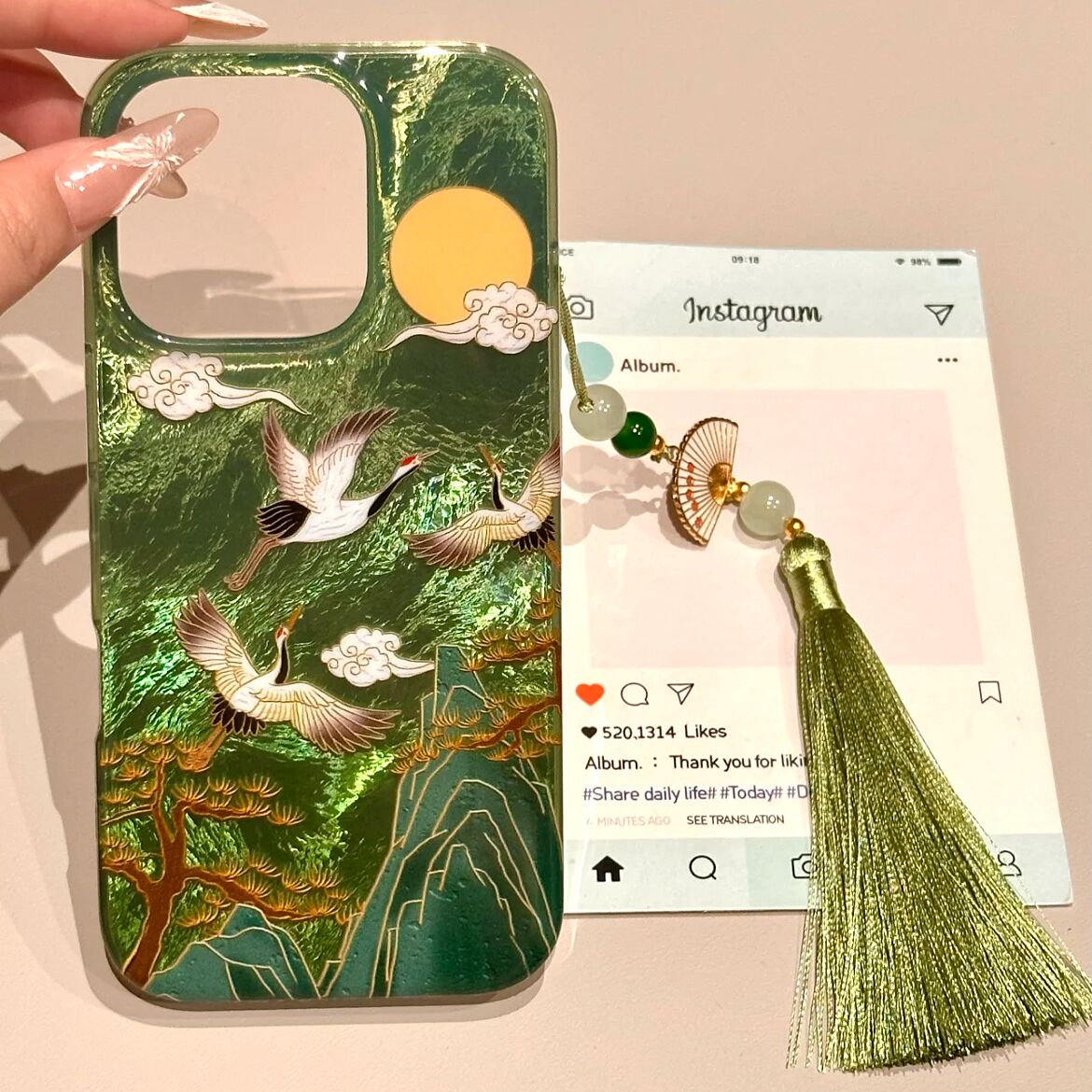 国潮祥云仙鹤适用苹果16手机壳iPhone13/15链条华为vivo小米oppo