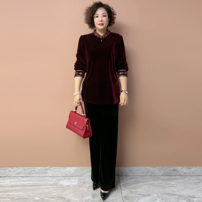 长袖立领套头丝绒烧花上衣秋冬刺绣高贵上衣加阔腿裤两件套装