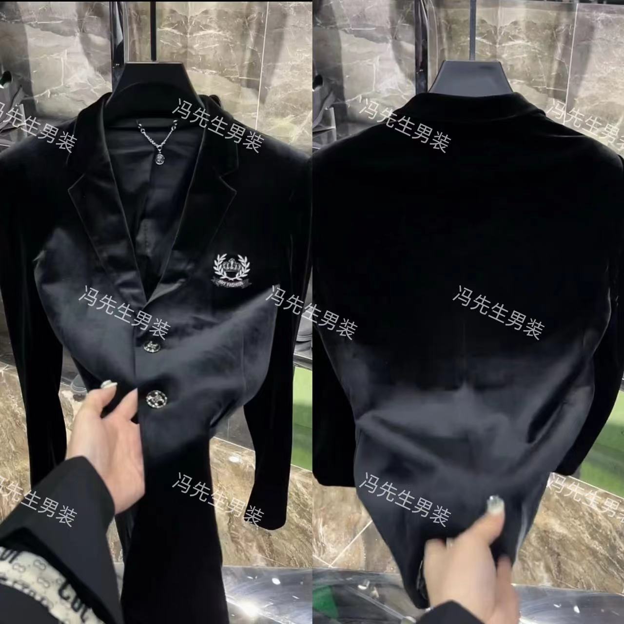 男士秋冬新款金丝绒休闲西服外套刺绣商务高品轻奢外套男时尚百搭