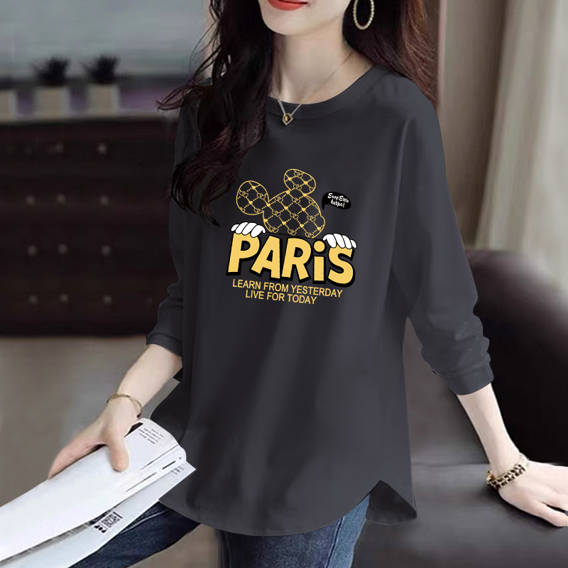 深灰色长袖t恤女中长款圆领内搭2025春秋新款洋气大码宽松上衣