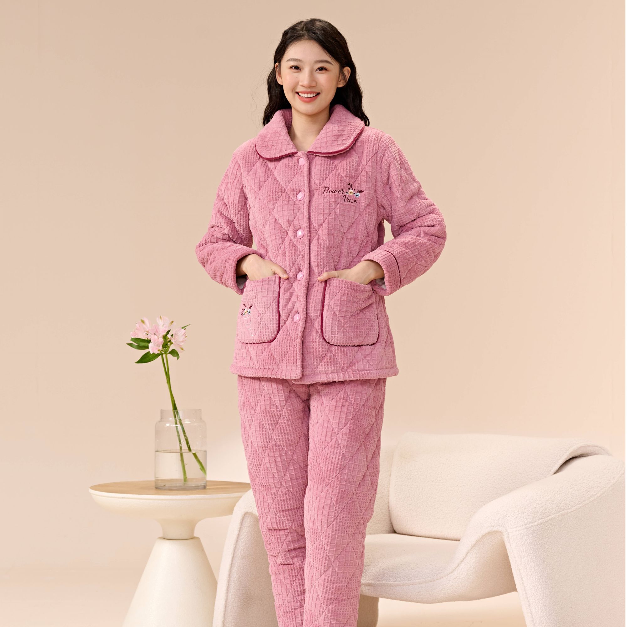 姬玛冬季三层加绒加厚夹棉女士保暖睡衣冬天冬款家居服套装248329