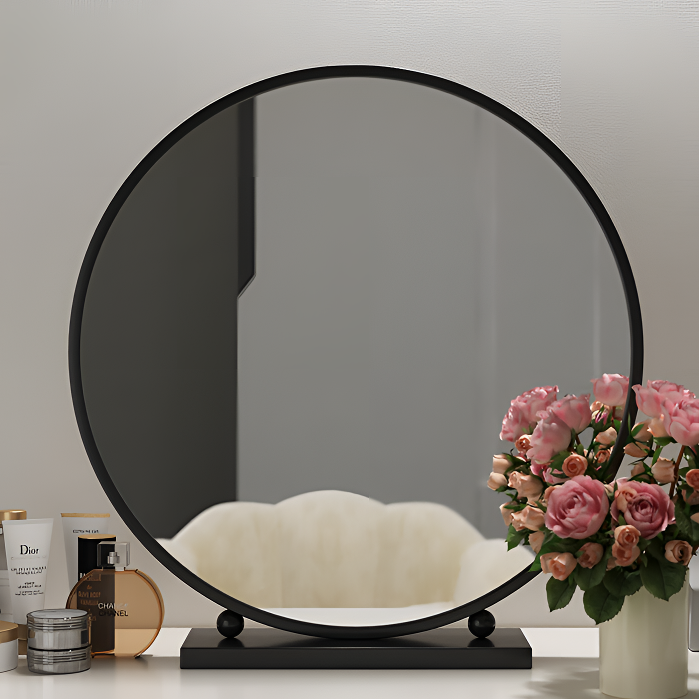 简约台式化妆镜圆形桌面梳妆镜卧室学生宿舍铁艺大镜子梳妆台镜子