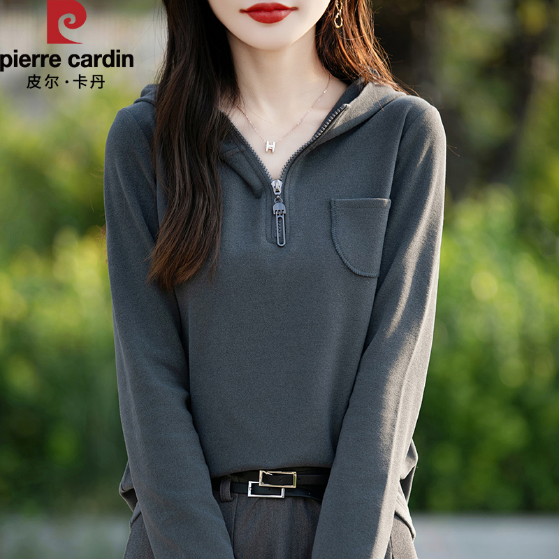 皮尔卡丹2024新款时尚休闲德绒半拉链连帽卫衣打底外穿秋冬上衣女