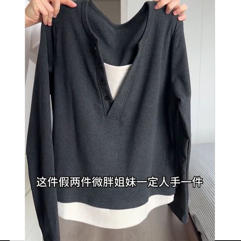特大码200斤复古慵懒风撞色V领假两件上衣女秋冬减龄遮肉长袖t恤