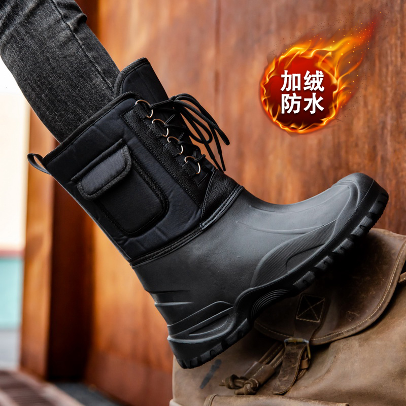 雅森东北冬季骑行户外加绒棉鞋男士钓鱼防水防滑雨鞋高筒雪地靴男