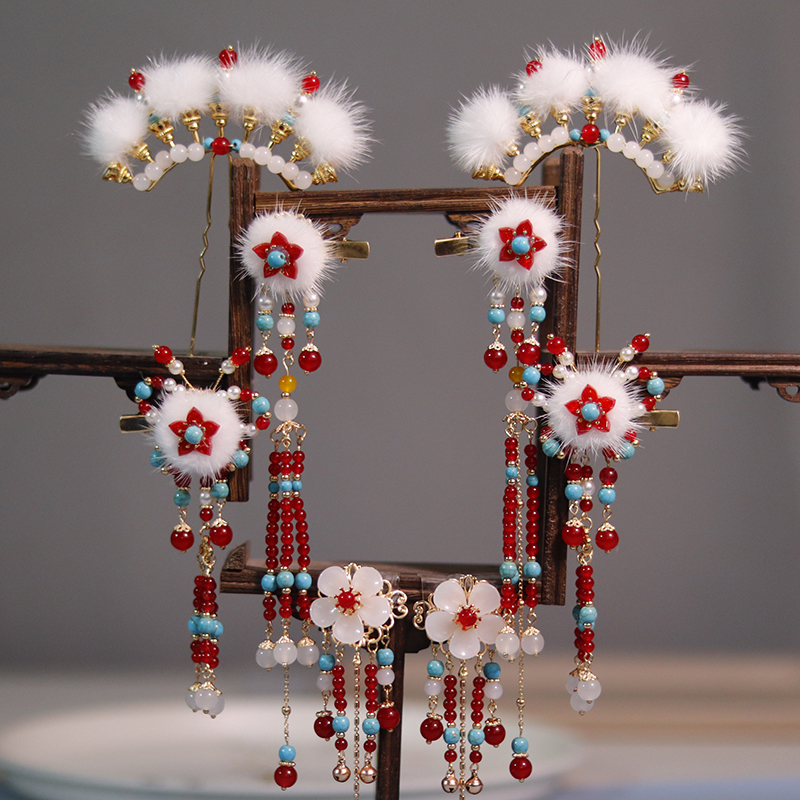 秋冬新款水貂毛球排钗蝴蝶边夹对夹发扣汉服复古风发饰