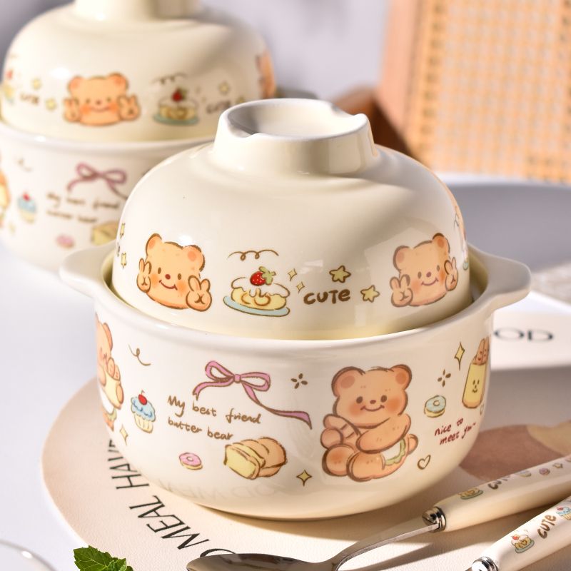 高颜值可爱带盖泡面碗大容量学生宿舍专用双耳陶瓷面碗汤碗单人款