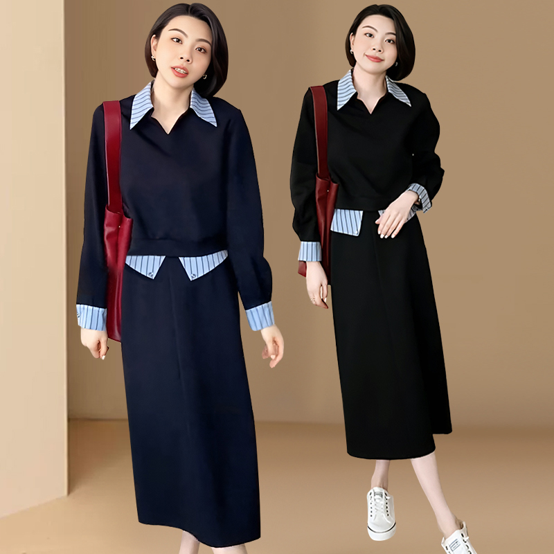 高端轻奢撞色拼接衬衫领卫衣套装女2025春秋新款休闲半身裙两件套