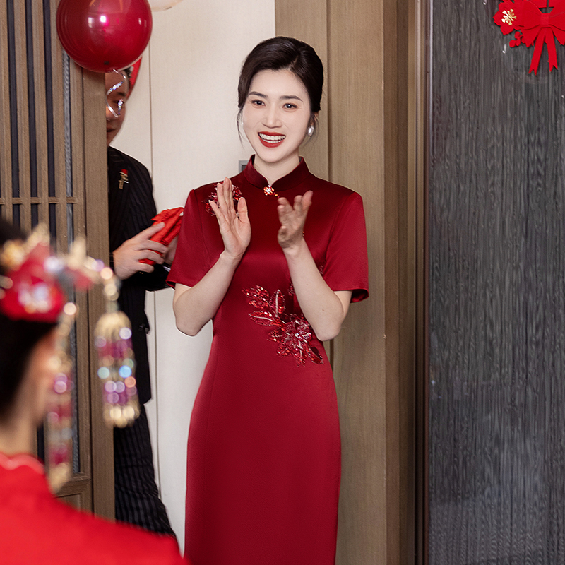 高端改良婚礼订婚妈妈高档中式连衣裙喜婆婆喜妈妈婚宴装544