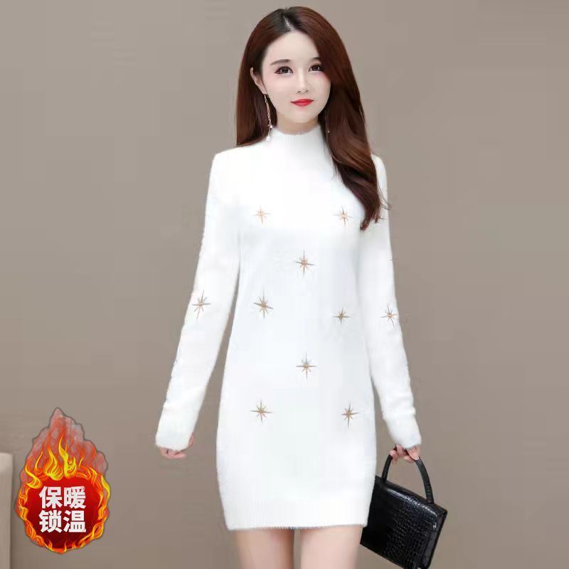 时尚洋气中长款水貂绒毛衣裙秋冬新款宽松百搭洋气针织打底毛衣女