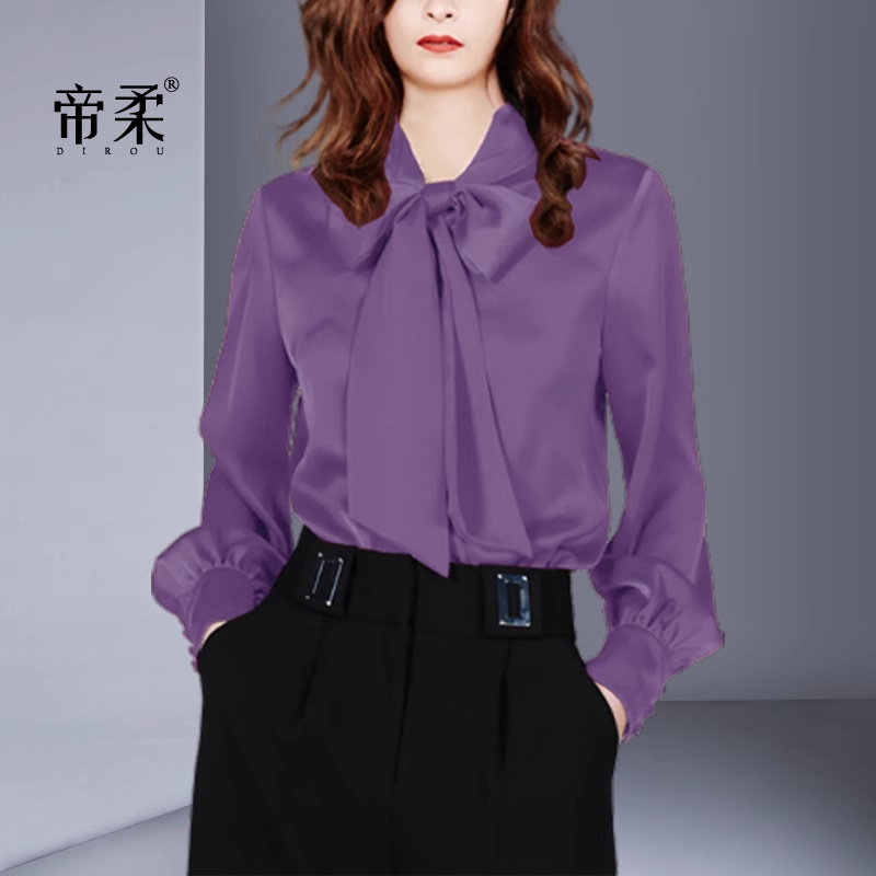 设计感气质紫色衬衫长袖百搭系带上衣2025秋季法式高级感通勤衬衣