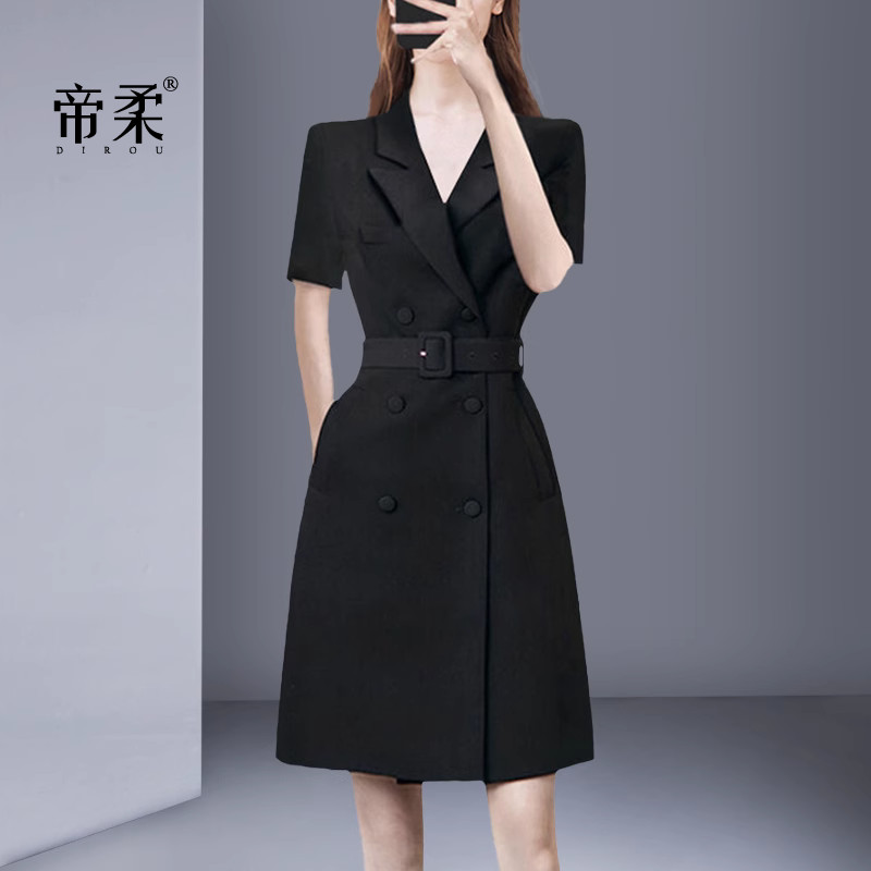 2025夏季新款帝柔小个子时尚职业黑色西装连衣裙气质轻熟收腰显瘦