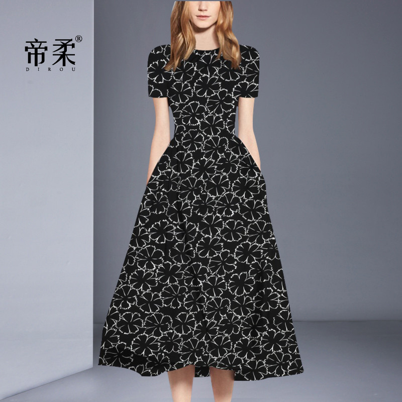 法式优雅中长裙时尚气质印花连衣裙2025夏季新款修身显瘦大摆裙子