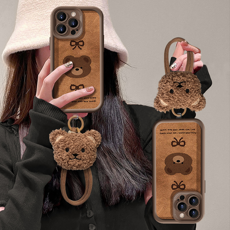 美拉德小熊适用苹果16promax华为vivo女款oppo小米天眼羊皮手机壳